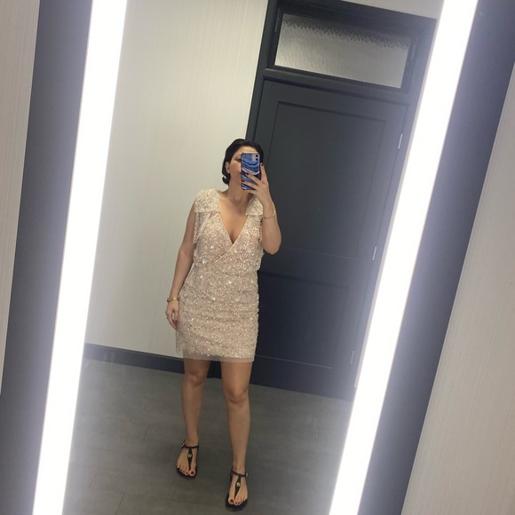 HAND BEADED BLOUSON SHORT SHEATH COCKTAIL DRESS WITH BOW SLEEVES - Picture 8 of 8